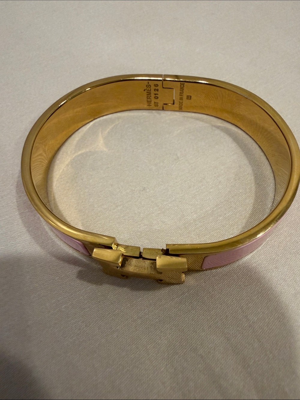 Hermes Gold-Tone Bracelet with Blush Pink Enamel H Clasp - Picture 7 of 7